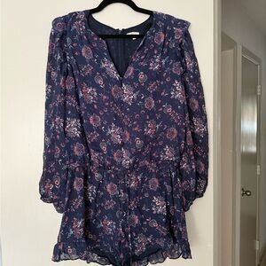 Joie 100% Silk Navy Floral Long Sleeve Romper